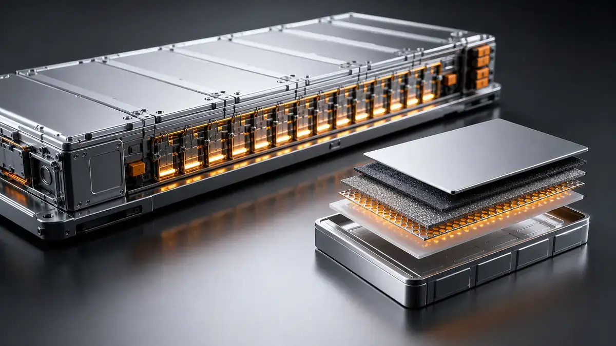 Illustration of a solid-state battery pack for a guide explaining how solid-state batteries work