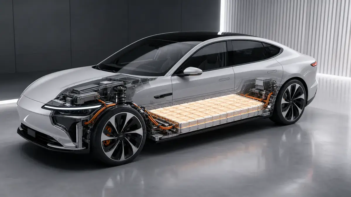 Development vehicle illustration used in a section about the mechanics and scale-up challenges of solid-state batteries